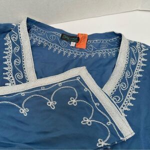 Joy West Collection Blue Cotton Tunic Dress Cover-Up Silver Metallic Trim Small